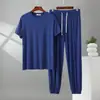 Conjunto de dos piezas para hombre: top modal de cuello redondo y pantalones tipo linterna, holgado, casual, ligero, talla grande, ropa para el hogar