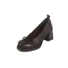 Sapatos de couro de salto alto estilo college com laço, padrão de elefante, pele de carneiro, outono 2026, salto grosso, bico redondo, couro genuíno, sapatos baixos simples para mulheres