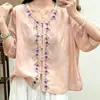Nuevo estilo chino botón de rana cuello en V algodón y lino manga media camisa top para mujer verano nuevo versátil casual temperamento delgado top pequeño