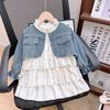 Roupas infantis atacado meninas terno primavera e outono novo casaco jeans infantil com vestido de bolo floral conjunto de duas peças