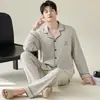 Pijama para hombre, algodón puro, cuello de camisa, manga larga, corte holgado, casual, nuevo conjunto para casa primavera/otoño, se puede usar para salir