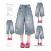 Calça Jeans Cropped Estampada de Carpa com Coração, Tendência Verão para Mulheres, Cintura Alta, Solta, Reta, Perna Larga