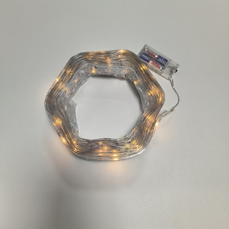 #D11圣诞发光彩带-5米50灯2AA常亮带闪银色彩带暖白灯
