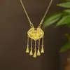 Collar con Candado de Paz de Loto Étnico Plata de Ley S925 Chapado en Oro Nueva Moda Nacional Borla Candado de Longevidad Cadena para Clavícula Joyería