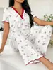 Pijama de Manga Corta y Pantalón Largo Estampado Transfronterizo Europeo y Americano para Mujer, Cómodo de Pierna Ancha, Se Puede Usar Afuera, Ropa de Casa para Mujer para Verano