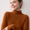 Suéter de cashmere puro com gola alta integrada sem costura, suéter pullover feminino, novo suéter canelado slim fit de outono e inverno