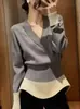Suéter de Punto de Alto Gama con Bloques de Color Estilo Coreano para Mujer, Diseño Otoño e Invierno, Ceñido a la Cintura, Adelgazante, Prendas de Punto para Usar por Debajo
