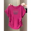 Camiseta de Hombro de Manga Corta con Estampado de Letras Estilo Americano Color Rojo Vino para Mujer Verano Nueva Elegante de Moda Casual Chic