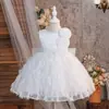 Nuevo Modelo 2026 Vestido Blanco sin Mangas de Princesa para Niñas con Flores Tridimensionales y Borlas, Vestido de Tul Abullonado para Actuaciones