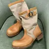 Botas de cuero de moda para mujer, botas elegantes con hebilla de cinturón, estilo western, talla grande, transfronterizas, nuevo modelo 2026, botas de moda con punta redonda