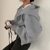 Sudadera con capucha de color sólido cálido y cremallera de corte entallado, corta, a la moda, con forro polar, para mujer, otoño/invierno 2023