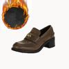 Su Jia~Mesmo Estilo de Zhang Yuanying~Mocassins de Salto Grosso com Moeda de Ouro A-Miu, Mocassins de Salto Grosso Slip-On, Sapatos de Couro Femininos