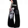 Calça Jeans Retro Americana com Estampa de Grafite de Letras e Asas Costura Contrastante Unissex Solta de Perna Larga Versátil Casual Calça Foice