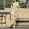 Vestido informal de vacaciones para mujer, de manga larga, con solapa y estampado floral, de algodón, con botones y camisa larga