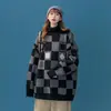 Moda Callejera Holgado Estilo Perezoso Pareja Suéter de Punto Cuello Alto Cuadros Plaid Retro Americano para Hombres y Mujeres en Otoño e Invierno