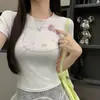 8712 # Nueva camiseta de manga corta de verano con cuello redondo, estampado de dibujos animados y pedrería, corte ajustado, favorecedora, top corto versátil para mujer
