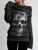 HB041: Top europeo y americano estilo punk con estampado de calaveras, sin hombros, con diseño asimétrico de un solo hombro, manga larga y corte holgado