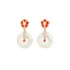 Aretes Originales de Flor de Dinero Hebilla de Paz para Mujer Plata de Ley Retro Nuevo Chinoiserie Aretes de Jade Hetian Joyería de Oreja de Flor y Moneda