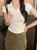 Camiseta polo corta plisada irregular de manga corta para mujer, ajustada y con hombros descubiertos, estilo veraniego