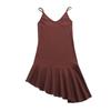 Saia Curta Irregular com Babados Spice Girl Decote V Nova Cintura Alta Emagrecedora Marrom Escuro Vestido de Alcinha Feminino Atacado