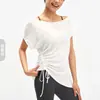 Cubierta de Yoga Transpirable Fina de Verano Manga Corta Hombros Descubiertos para Mujer Camiseta Plisada con Cordón Holgada Casual Ropa de Fitness Yoga