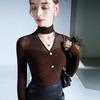 Elegante top de cuello alto halter invierno Nuevo Malla microtransparente con costuras de terciopelo camisa interior sin hombros sexy camisa pequeña