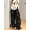 Calça pantalona de bolinhas off-white de cintura alta para mulheres, estilo fino de verão, adequada para baixinhas, solta e modeladora, calça casual de linho estilo foice