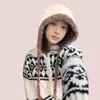 Gorro de Punto con Cordones para Protección de Orejas para Mujer Otoño e Invierno, Gorro Baotou Estilo Fair Isle con Bola de Piel, Gorro de Lana Jacquard Engrosado Cálido