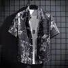 Camisa Guapa para Hombre de Manga Corta Moderna Versátil Holgada de Verano de Seda de Hielo Manga Tres Cuartos Camisa Chaqueta Ins Estilo Hong Kong Top