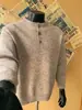 Estilo old money, retro, de alta gama, cuello Henley, sudadera de manga larga, primavera/otoño, relajado, casual, top de punto versátil
