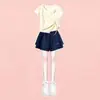 2026 Shorts Casuais de Verão para Meninas Doce Cordão Cor Sólida Versátil Estilo Coreano Manga Curta Conjunto de Duas Peças