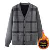 Cardigan Espesso Forrado com Lã Masculino 2023, Suéter Gola V para Meia-Idade e Idosos, Tamanho Grande, Caimento Solto, Camisa de Manga Longa Xadrez, Roupa Íntima Sem Ferro