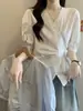 Camisa azul fruncida de manga corta con cuello en V para mujer, nuevo estilo de verano, talla grande, diseño de cintura entallada, top elegante de manga corta