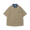Camisa de Cuadros con Costuras Estilo Vintage Japonés Cuello de Mezclilla Manga Corta Unisex Estilo Universitario Holgada Camisa de Pareja bf Chaqueta Delgada