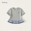 Bangxuan Huzhou Zhili Ropa Infantil Camiseta Gris de Manga Corta Versátil para Niños Pequeños Patchwork de Encaje Ropa de Verano para Niñas