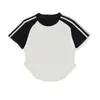 6165 # Camiseta de Algodão Puro Canelada com Três Listras e Manga Raglan para Mulheres, Manga Curta, Estilo Curto, Versão Lisa de Verão
