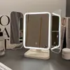 Espejo de maquillaje LED con luces, de escritorio, plegable, para uso doméstico, dormitorio de estudiante, espejo de tocador de aumento