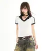 Camiseta Curta de Manga Curta Estilo Retrô Americano para Mulheres, Nova Coleção Verão 2026 Slim Fit Gola Dobrável Emagrecedor Top Curto