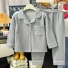 Conjunto de Ropa de Casa para Niños, Estilo Primavera y Otoño, Pijama de Cuadros para Niños y Niñas, Manga Larga y Pantalón Largo, Cárdigan Cálido, Algodón Puro, Suave y Cómodo