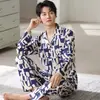Pijama para Hombre, Algodón Puro, Nuevo Estilo Otoño e Invierno, Manga Larga, Pantalón Largo, Cárdigan con Solapa, Sencillo y Casual, Se Puede Usar Afuera como Ropa de Casa