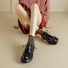 Roupa de trabalho básica casual Sapatos de couro preto 2024 Primavera Salto médio grosso Biqueira redonda Sola grossa Sapatilhas de couro envernizado de vaca com cadarço para mulheres