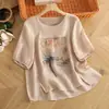 2026 Nueva Camiseta de Manga Corta de Algodón y Lino Holgada de Talla Grande con Estampado Retro para Mujer Verano Camiseta Básica de Algodón y Lino
