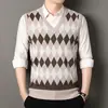 Nuevo Chaleco de Punto con Cuello en V y Patrón de Diamantes para Hombre de Primavera y Otoño, Chaleco Casual de Punto Jacquard, Al por Mayor de una Pieza
