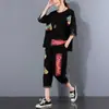 Traje de Manga Corta para Mujer 2026 Verano Nuevo Estilo Holgado Talla Grande Top Desgastado con Estampado Patchwork Traje Casual de Dos Piezas para Mujer Moderno