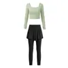 Conjunto de Yoga Red Social para Mujer Cuello Cuadrado Temperamento Manga Larga Pantalones Falsos de Dos Piezas Tacto Nude Ropa Deportiva para Pilates Conjunto de Dos Piezas Mujer Otoño