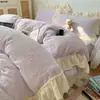 Juego de ropa de cama de cuatro piezas de terciopelo de leche color verde retro ins, funda de edredón de encaje de terciopelo coral engrosada, juego de sábanas de tres piezas para invierno
