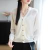 Camisa Francesa Suave de Renda e Linho de Bambu para Proteção Solar para Mulheres Verão Fina Camisa para Ar Condicionado Decote V Cardigã Tricotado