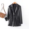 Chaqueta de Cuero Haining para Mujer, de Longitud Media, Negra, Cuello Alto, Cinturón de Corbata, Chaqueta de Cuero, Nuevo Estilo Otoño e Invierno, Elegante Abrigo de Cuero