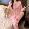 Pijama de Algodão Nuvem Estilo Francês Feminino Primavera Novo Doce Bolinhas Onduladas Flor Manga Longa Renda Gola Peter Pan Roupa de Casa Atacado