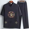 Conjunto de Roupa Tang de Manga Curta para Homens de Meia-Idade e Idosos, Roupa de Verão para o Pai, Estilo Chinês Seda de Gelo, Roupa Fina de Verão para o Avô